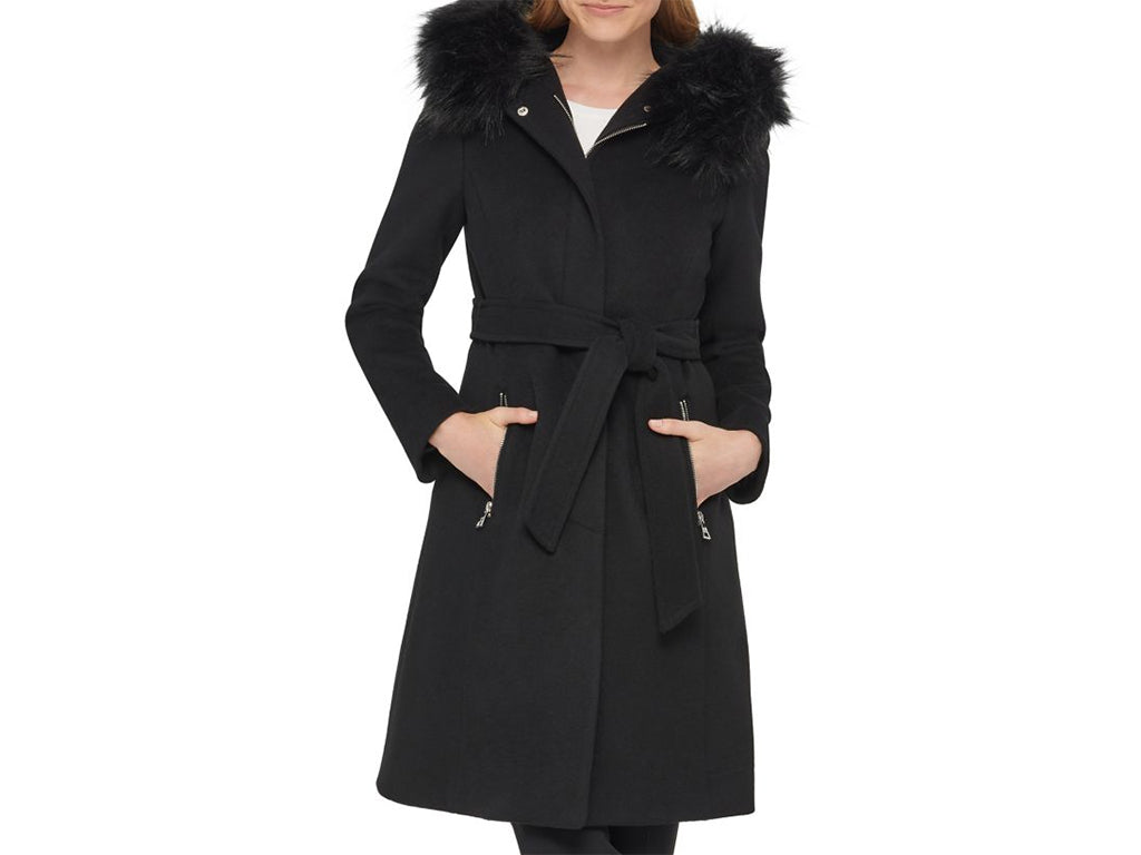 Calvin klein faux fur trim best sale wrap coat