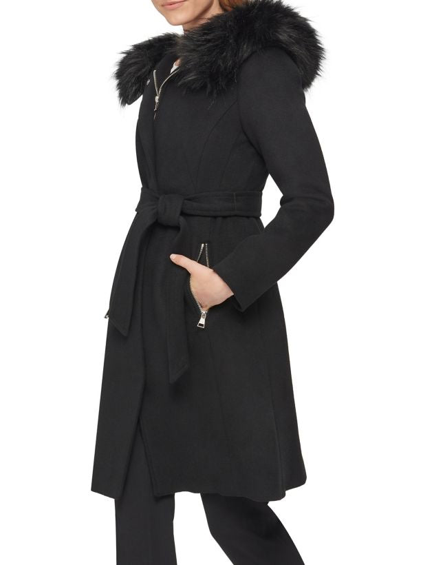 Karl Lagerfeld Faux Fur Trim Wool Blend Coat