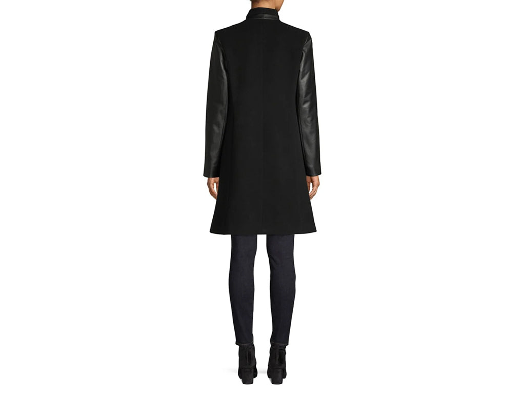 Wool coat with on sale faux leather sleeves