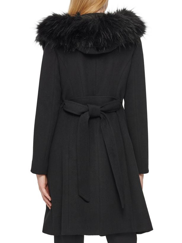 Karl Lagerfeld Faux Fur Trim Wool Blend Coat